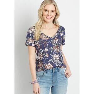 Maurices Size Small 24/7 Floral Drop Shoulder Classic Tee Top Navy Blue Floral